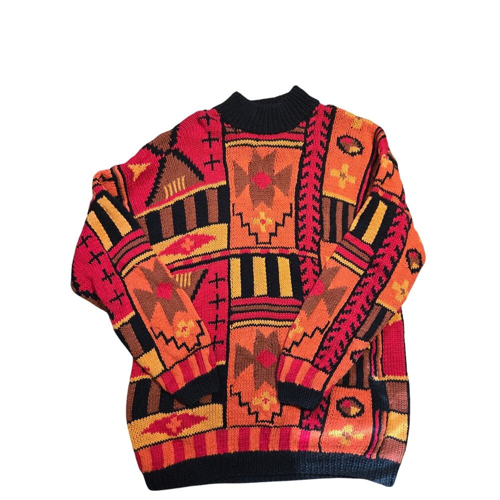 Vtg Rafaella 80s Geometric Chunky Knit Colorblock Sweater Medium M